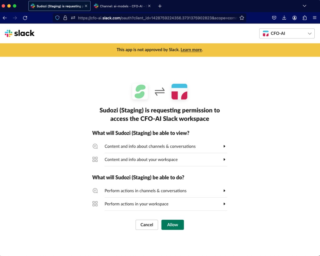 Slack permission request dialog